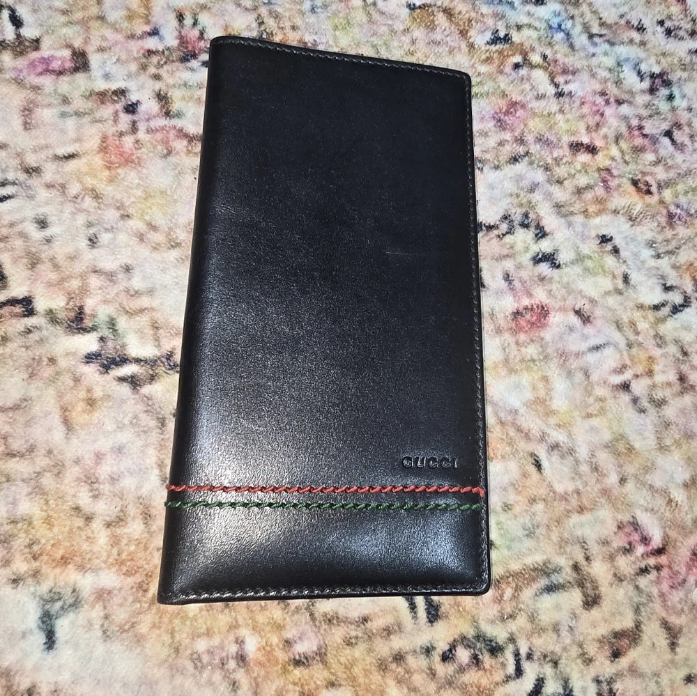 Gucci Black Leather Long Wallet Stiched Sherry Line With COA